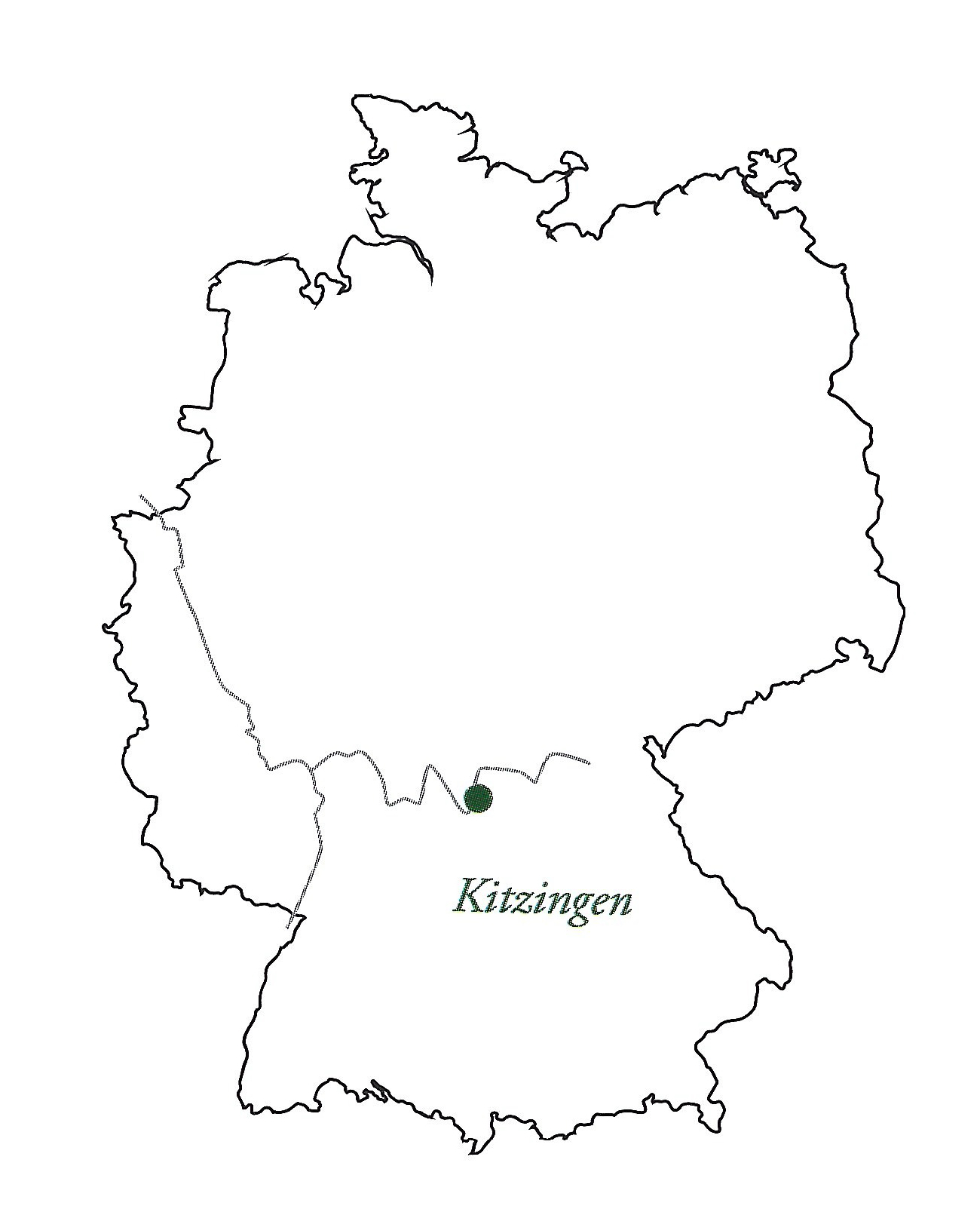 Historische Kartenskizze Deutschlands mit markierter Lage von Kitzingen